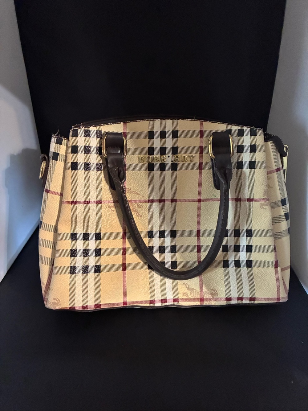 Burberry Beige Plaid Satchel with Dark Brown Handles